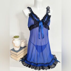 Navy blue babydoll lingerie thong set ruffles bows coquette